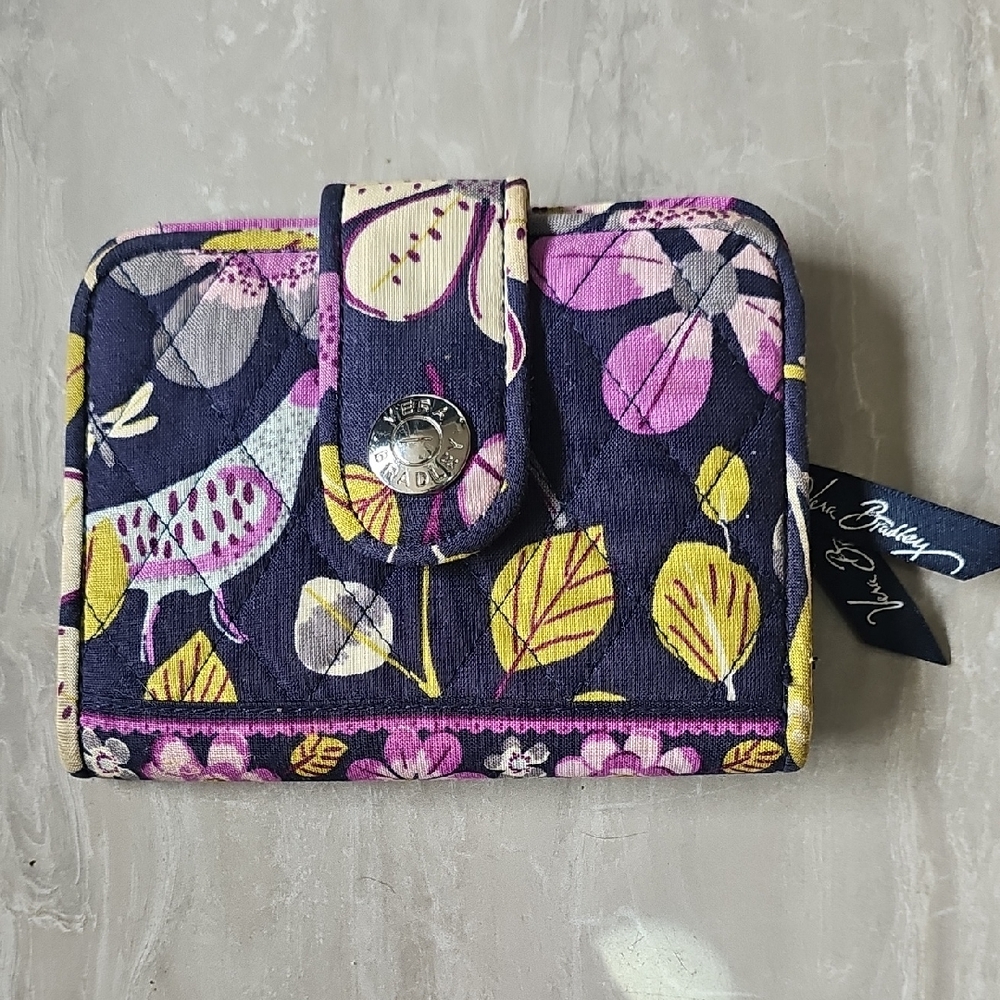 Vera Bradley Quilted Navy Wallet with Yellow & Purple Floral Print